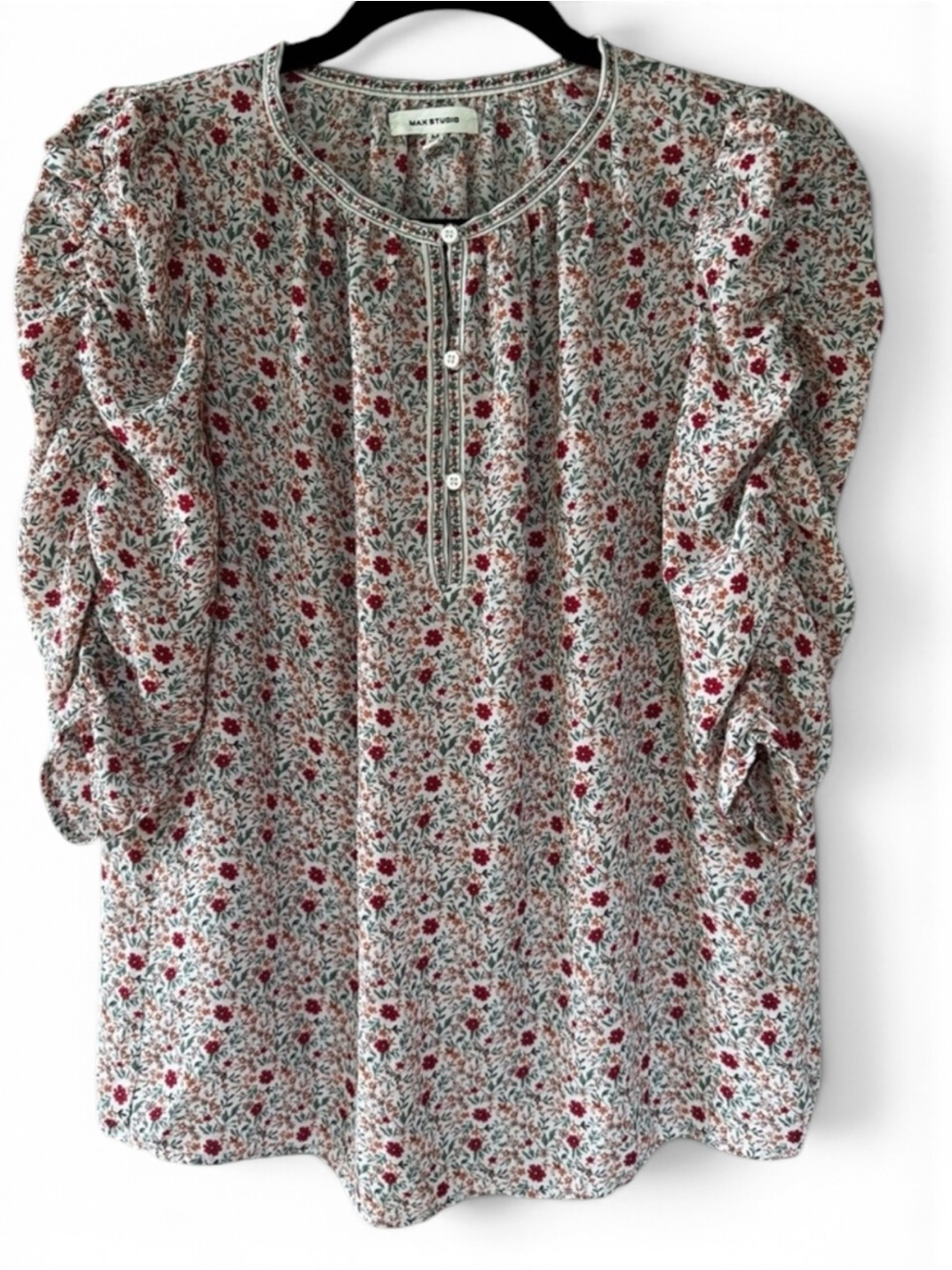 Max Studio Blouse Women M Ivory Floral Cottagecore Puff Sleeve Peasant Top